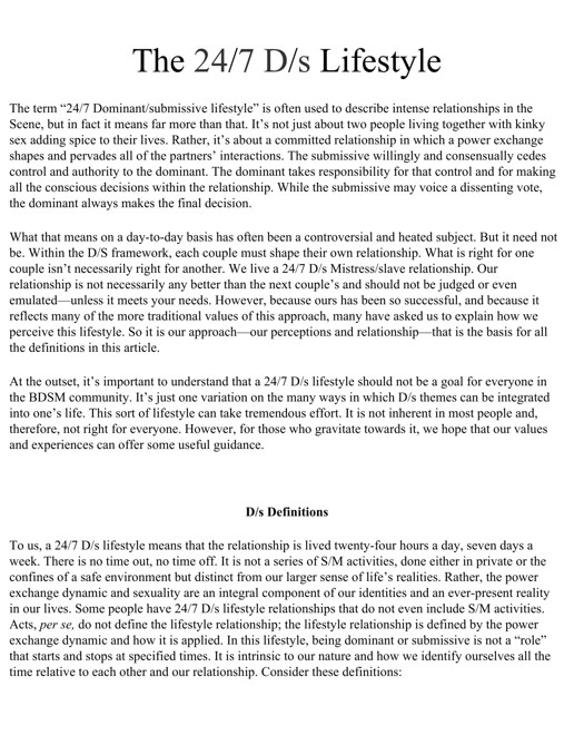 D/S Lifestyle and Relationship Information